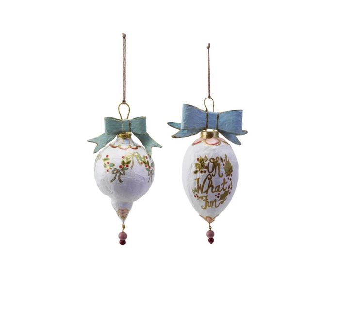 Hand-Painted Paper Mache Ornament with Bow & Design, 2 Styles