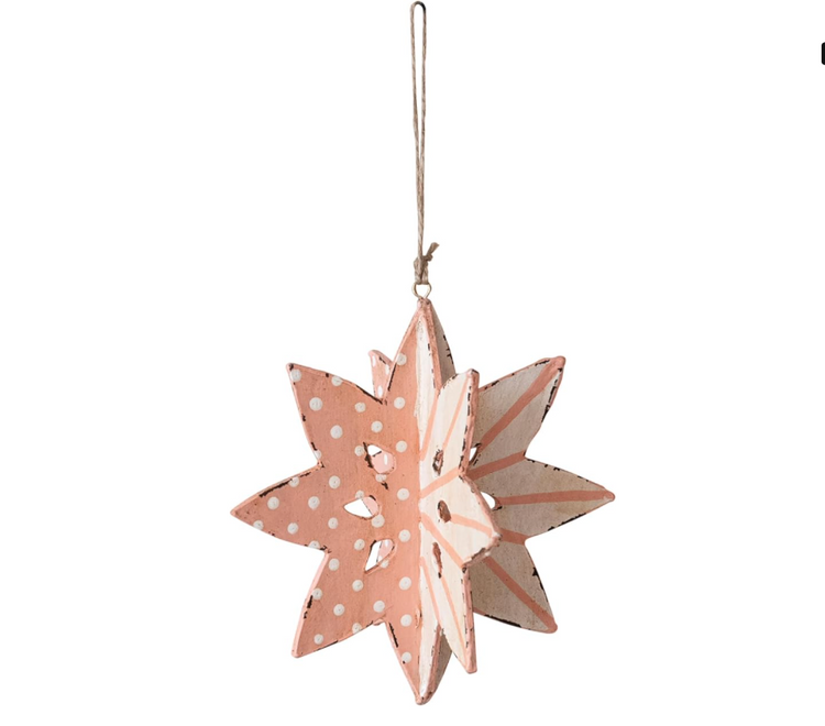 Hand-Painted Paper Mache Snowflake Ornament with Dots and Stripes, Pink and White