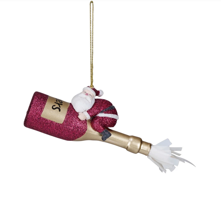 Glass Champagne Bottle Ornament w/ Resin Santa & Glitter