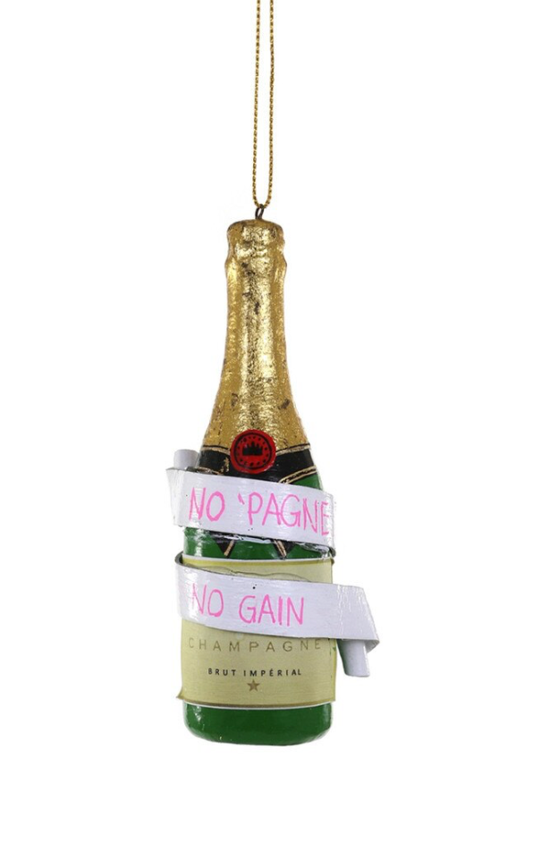No Pagne No Gain Hand Painted Ribbon Around Bottle Ornament