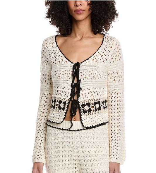 Ivory w/Black Crochet Floral Tie Front Vest