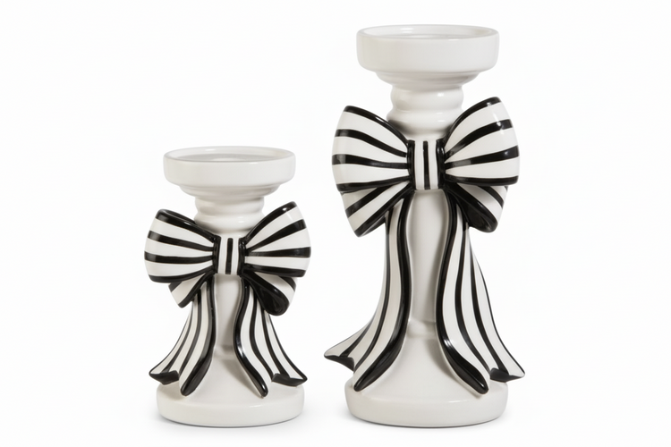 Black and White Stripe Bow Candle Holders