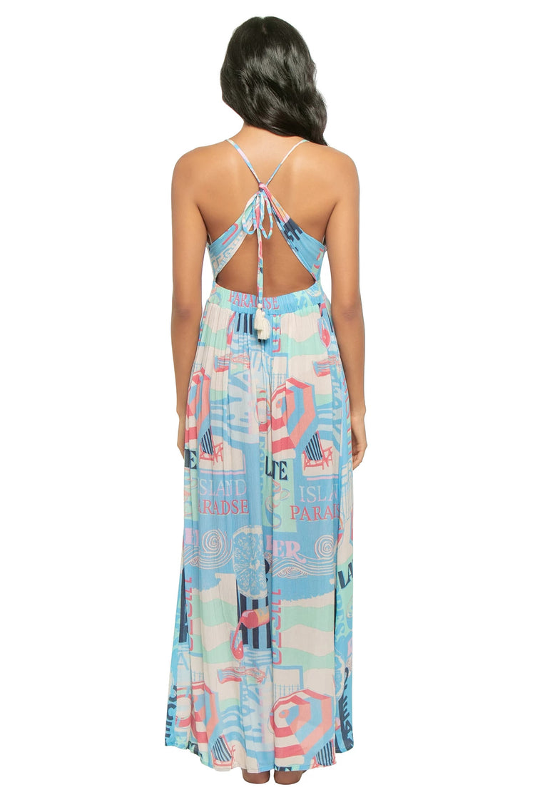 Blue Vacay Mode Print Halter Maxi Dress