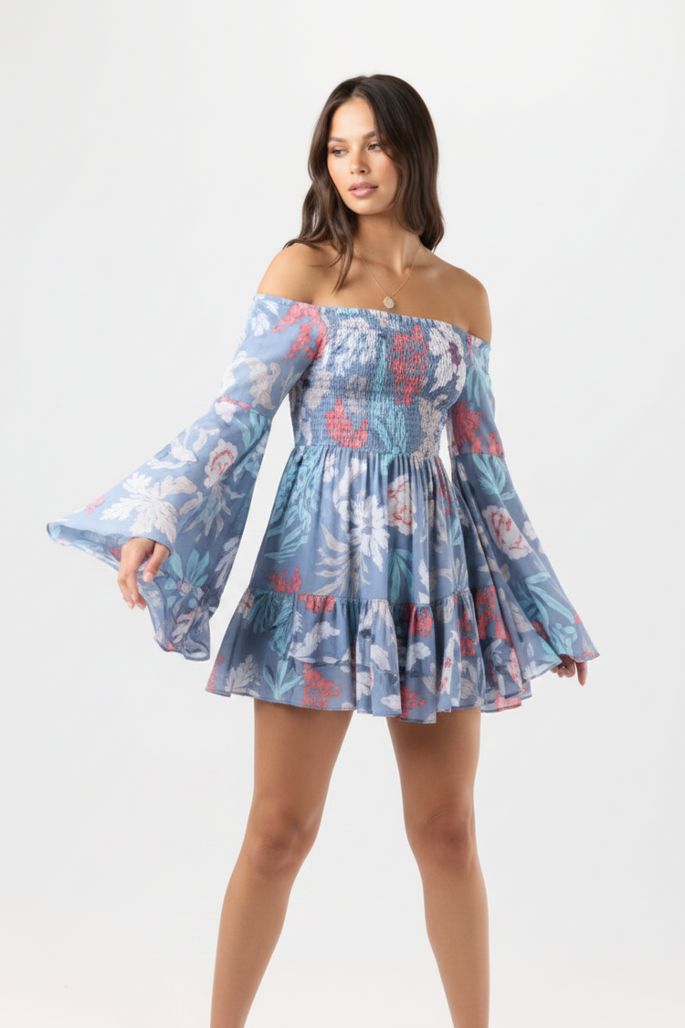 Zoe Mini Dress - Shellscapes Dusty Blue