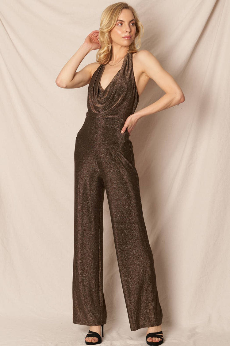 Halter Cowl Neck Glitter Metallic Jumpsuit