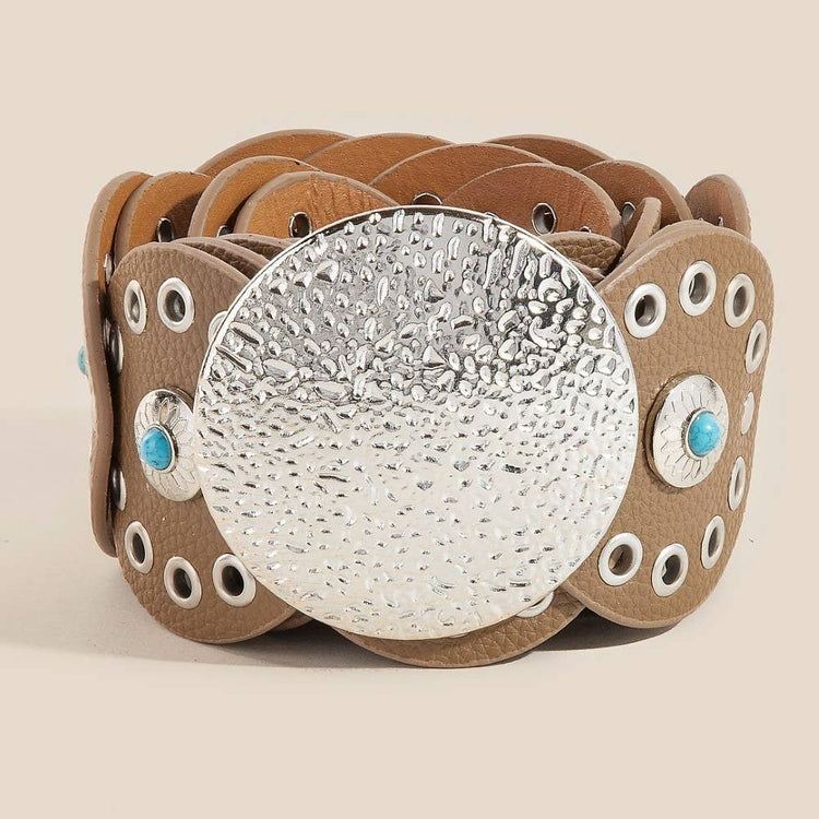 Western Turquoise Stud Faux Leather Disc Concho Chain Belt