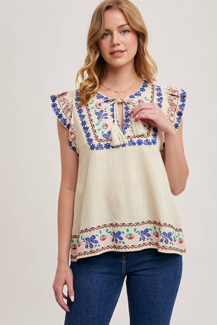BOHO EMBROIDERED RUFFLED SLEEVE DRAWSTRING TOP