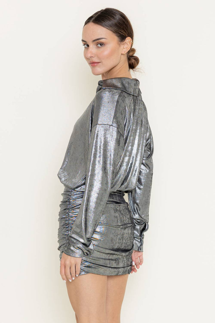 METALLIC COLLAR SHIRT STYLE RUCHED MINI DRESS