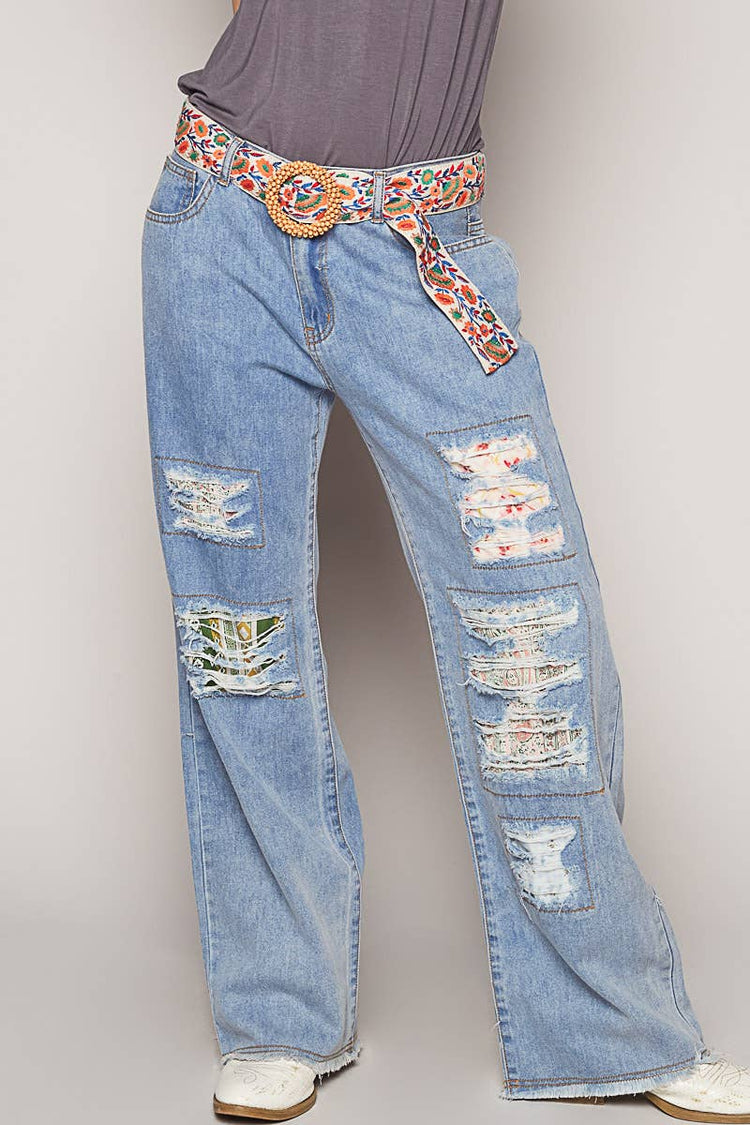 Beaded circle buckle floral pattern belt