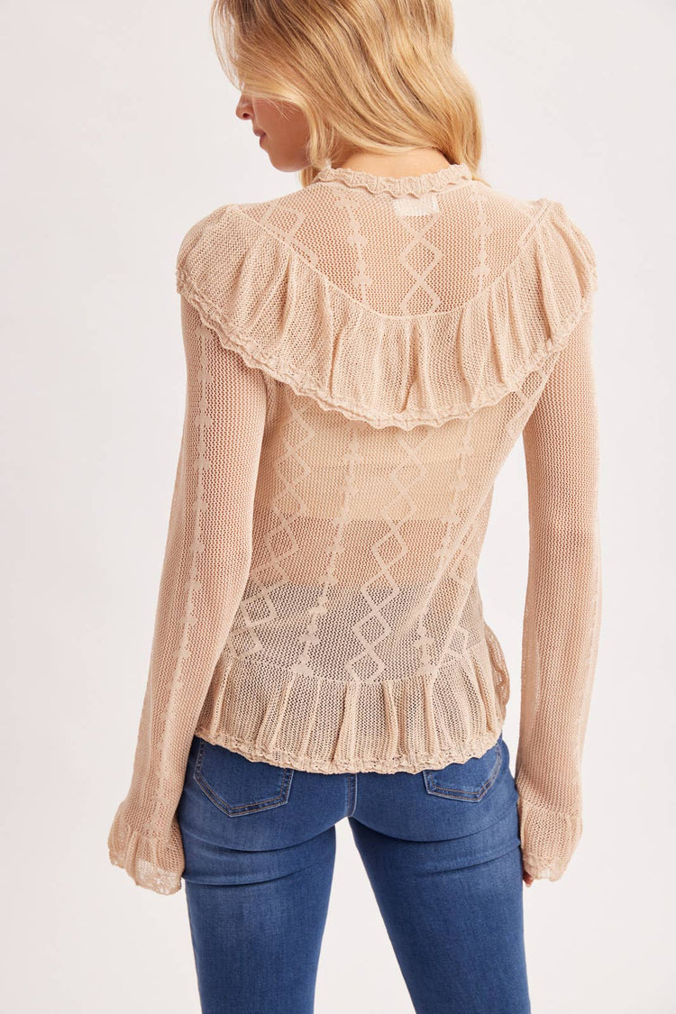 SHEER MOCK NECK BUTTON DOWN RUFFLED OPEN KNIT TOP NO LINING