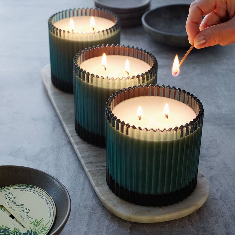 Roland Pine 14 oz Two-Wick Green Ribbed Glass Candle