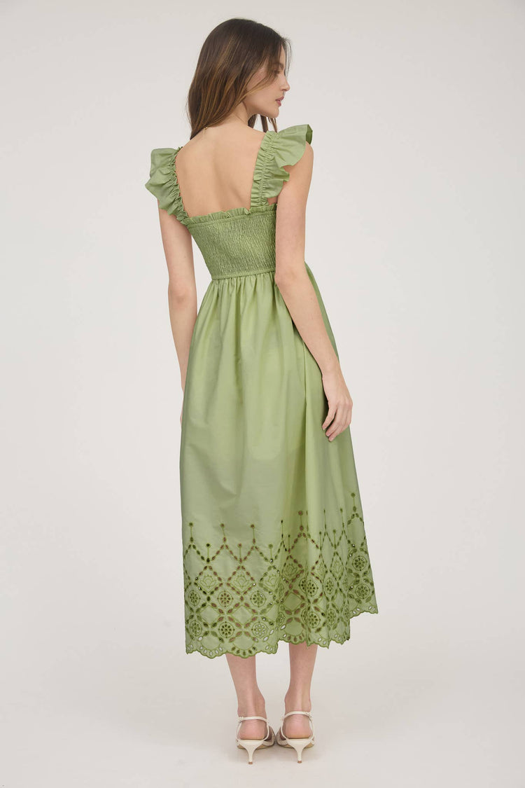 SMOCKED RUFFLE SLEEVE EYELET HEM MIDI DRESS