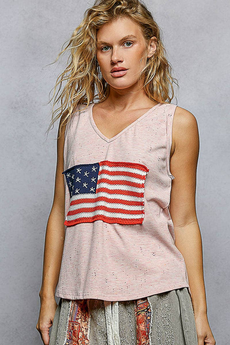 Handmade American Flag Patch Rib V-Neck Sleeveless Top