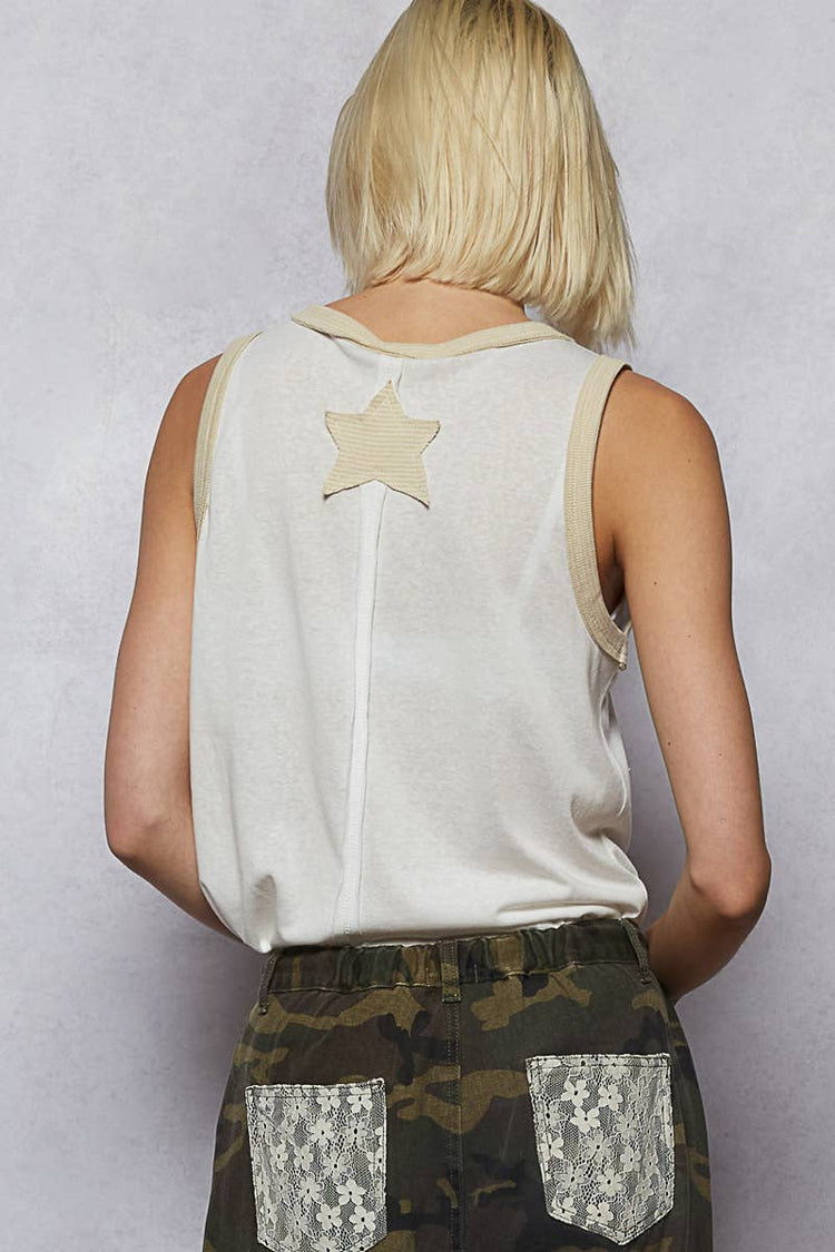 V-neck sleeveless front star patches solid basic top