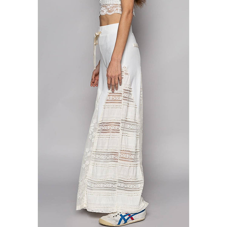 Lace Contrast Elastic Band Satin Strap Solid Wide Pants