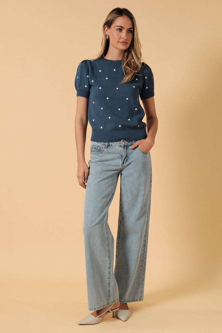Embroidered Polka Dot Short Puff Sleeve Knit Sweater