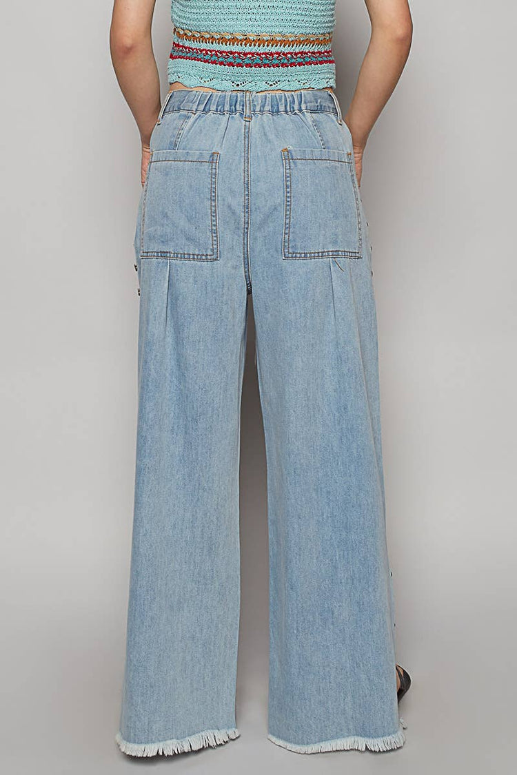 Solid stud detail twill wide woven pants
