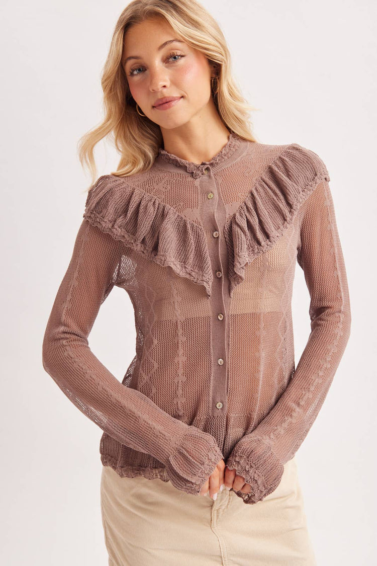 SHEER MOCK NECK BUTTON DOWN RUFFLED OPEN KNIT TOP NO LINING