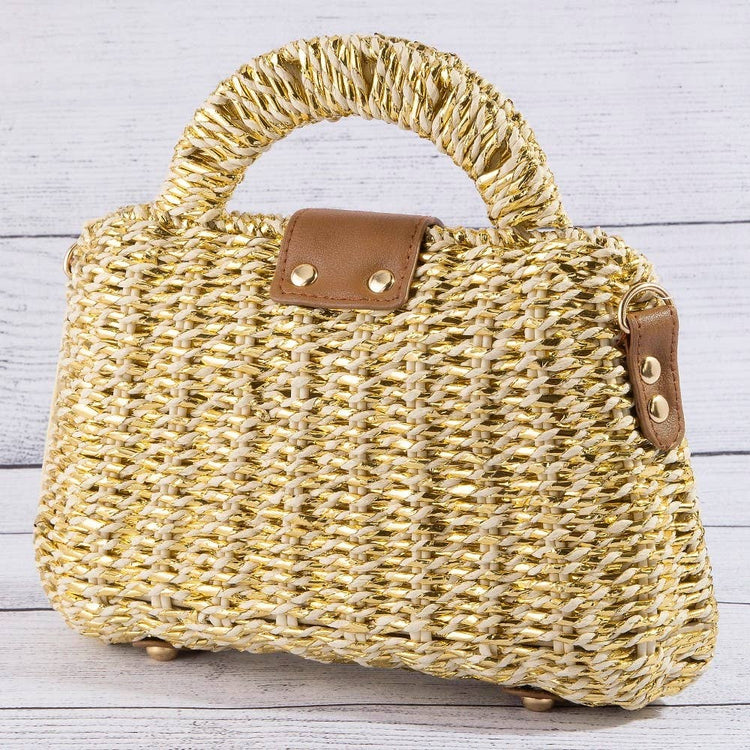 Woven Straw Turn Lock Top Handle Handbag
