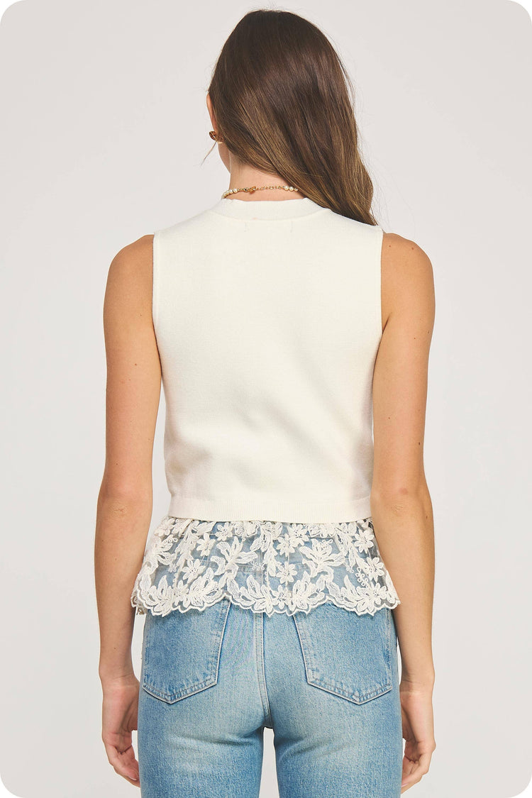 Lace Contrast Mock Neck Sleeveless Knit Top
