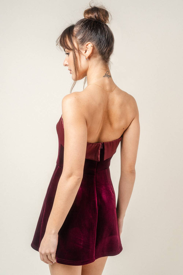 SATIN VELVET OFF THE SHOULDER FIT FLARE MINI DRESS