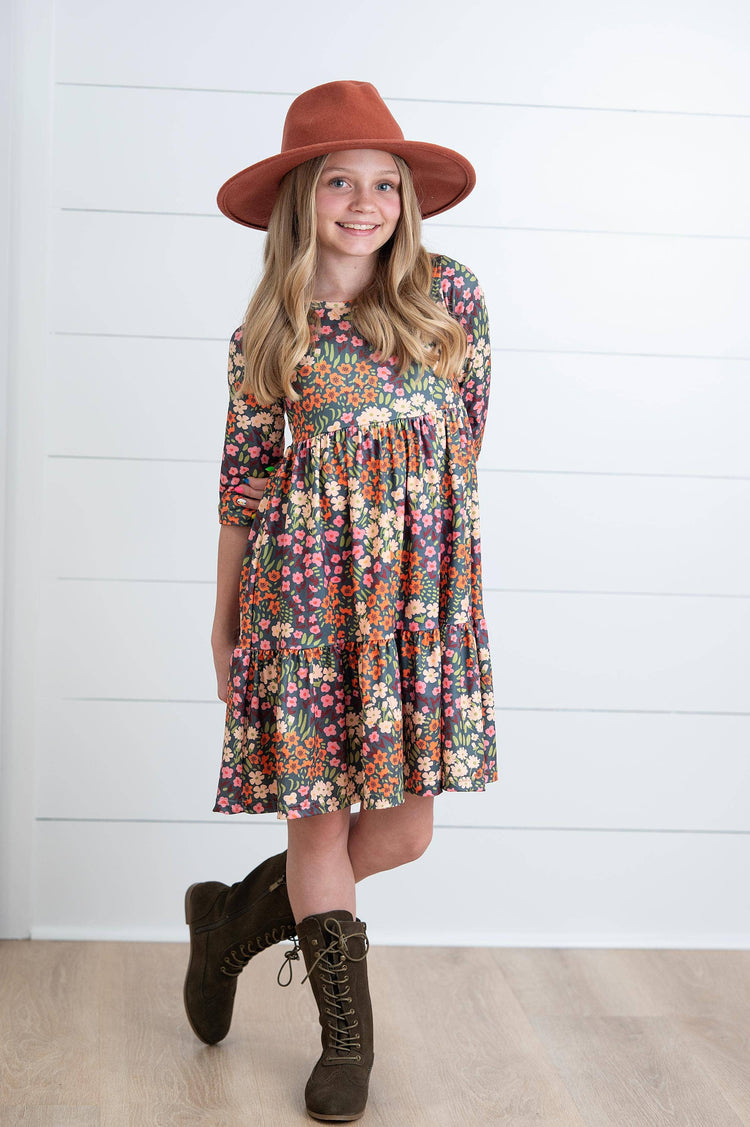 Girls Emma Rust Fall Flower Fields Tiered Twirl Dress