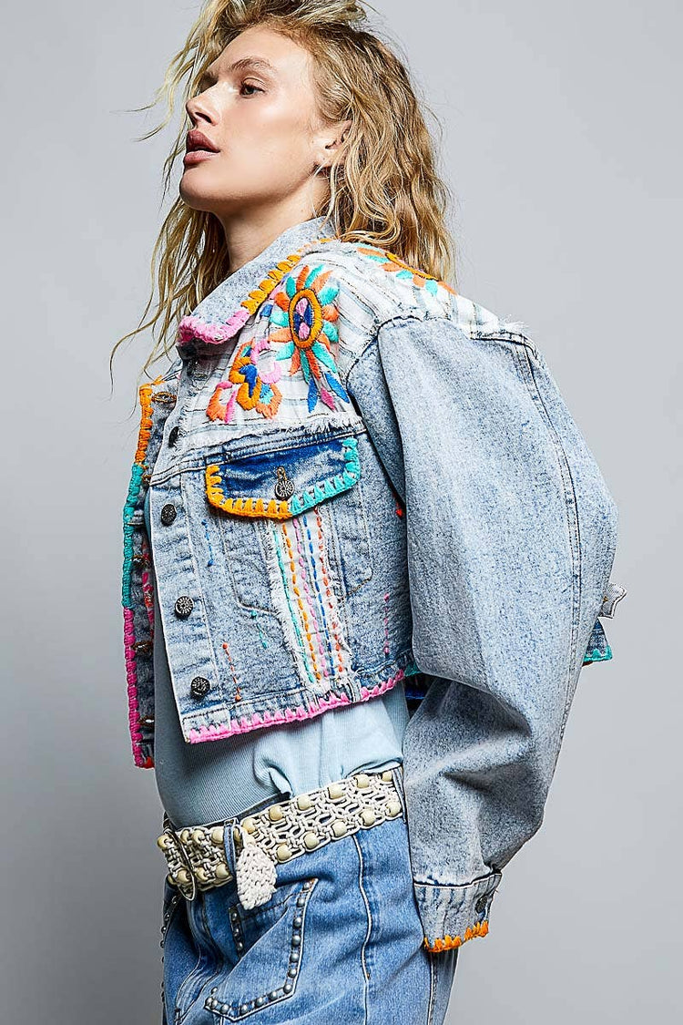 Embroidered Beaded Stripe Panel Cropped Denim Jacket