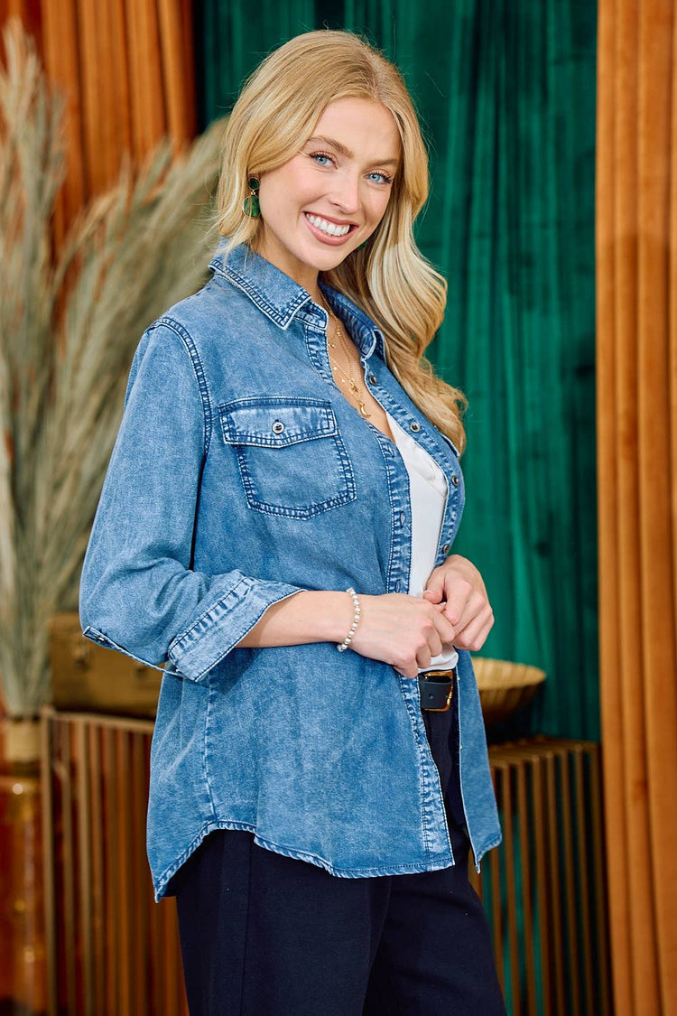 Chambray Button Down Shirt With Roll up Sleeve