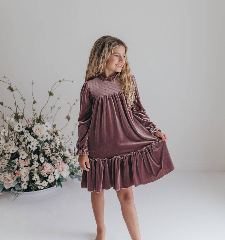 Girls Dusty Rose Smocked Velvet Fancy Holiday Party Dress