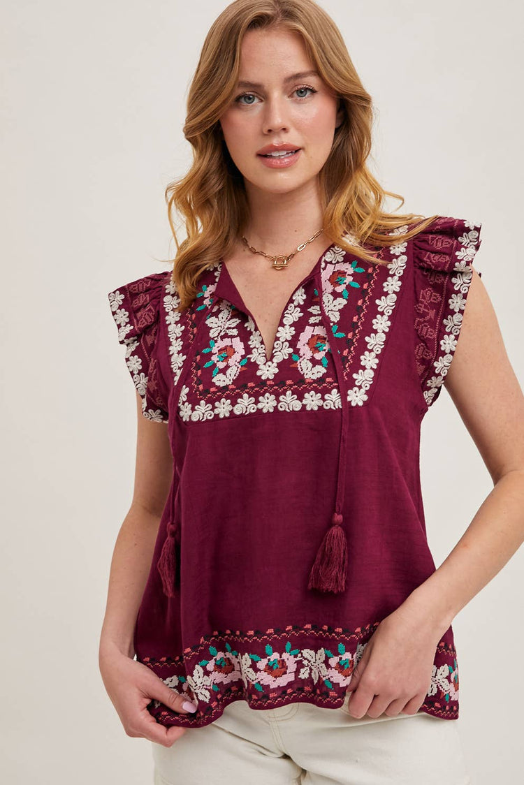 BOHO EMBROIDERED RUFFLED SLEEVE DRAWSTRING TOP