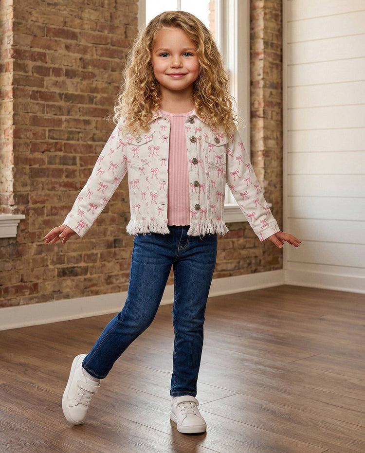 Coquette Pink Bow White Fringe Button Denim Jacket