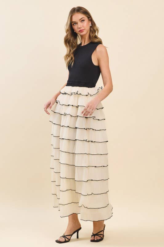 Ribbed Knit Bodice Tiered Mesh Skirt Maxi Dress
