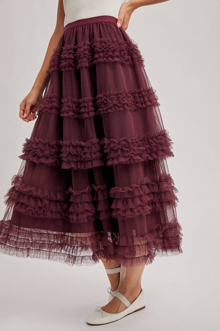 ROMANTIC RUFFLE TIERED TULLE MIDI SKIRT