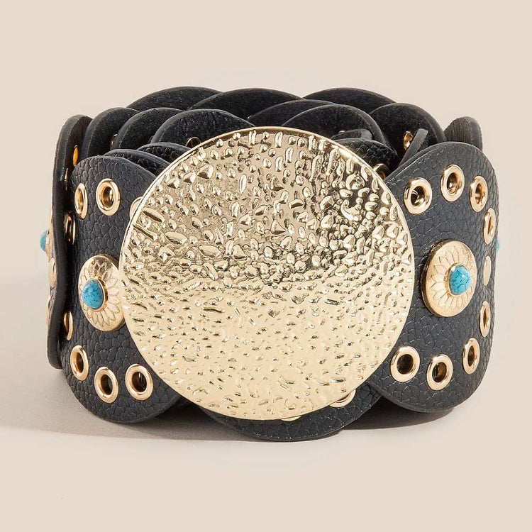 Western Turquoise Stud Faux Leather Disc Concho Chain Belt