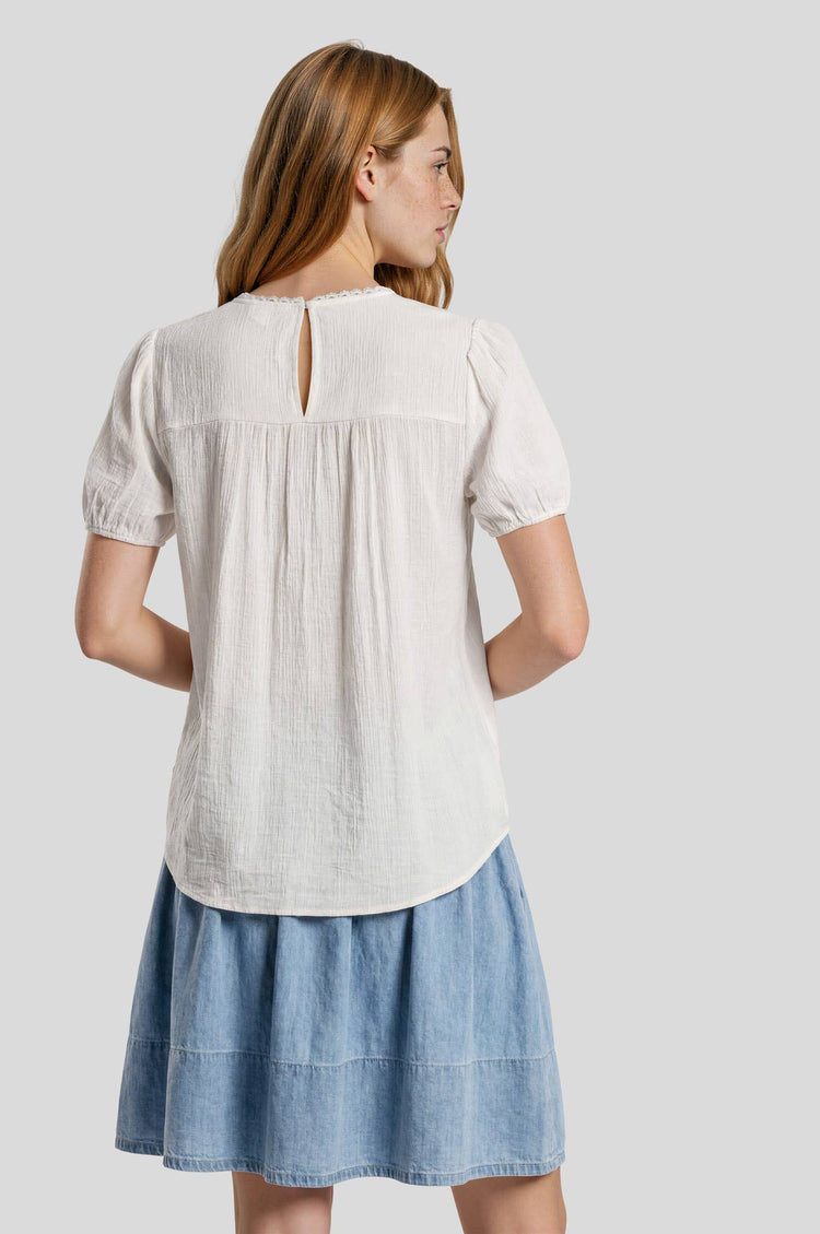 EYELET LACE TRIM YOKE PIN TUCK DETAIL LINEN TOP