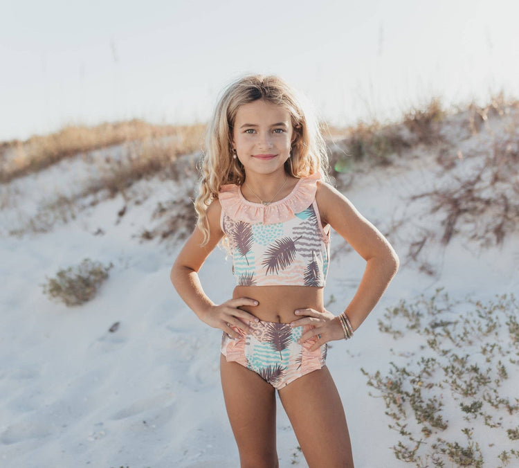 Kids Blush Palm Tree Leopard Ruffle 2 Piece Swimsuit