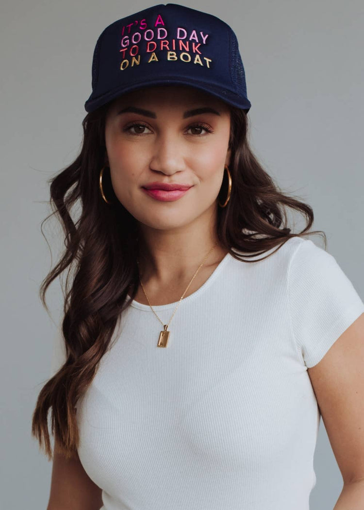 Navy Drink On A Boat Trucker Hat