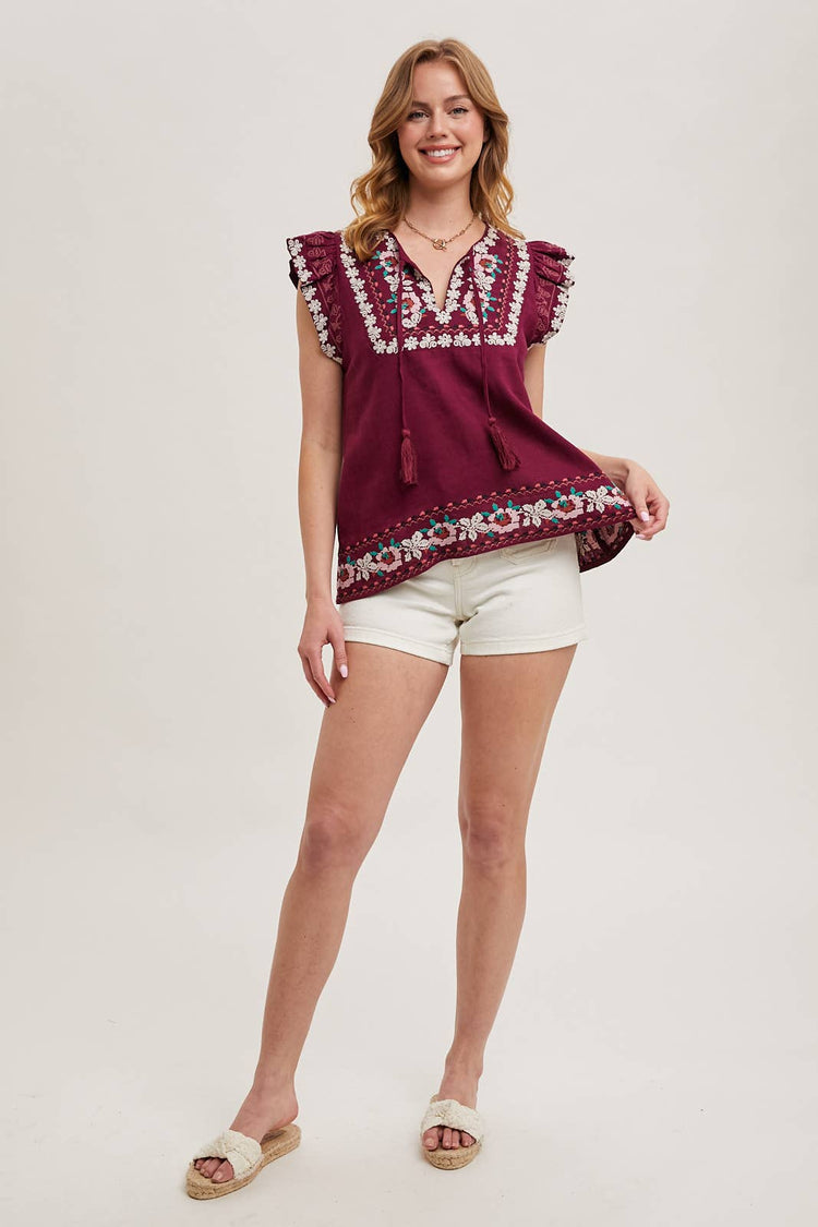 BOHO EMBROIDERED RUFFLED SLEEVE DRAWSTRING TOP