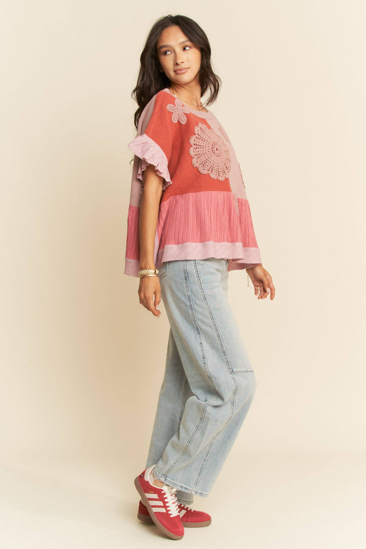 SWEATER TEXTURED FABRIC RUFFLE DETAIL TOP