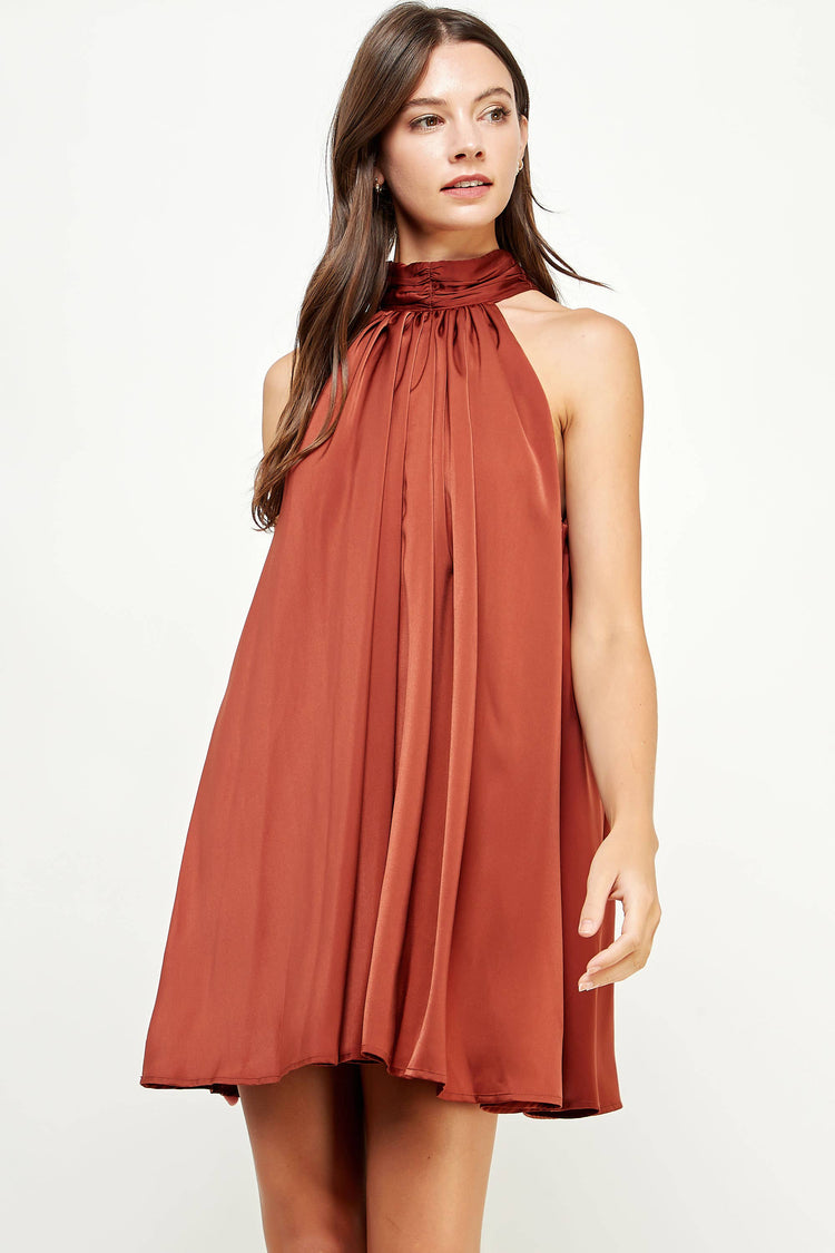 Mock Neck Halter Satin Mini Dress