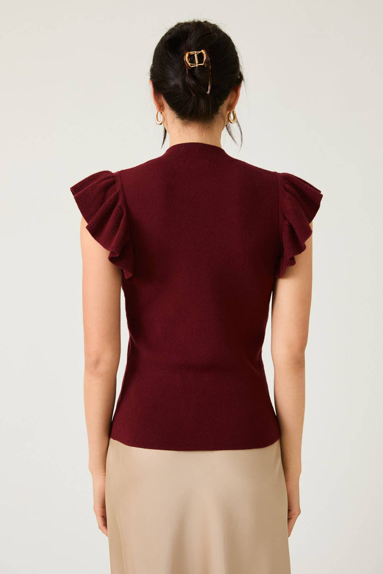 MOCK NECK RUFFLE SLEEVE KNIT TOP