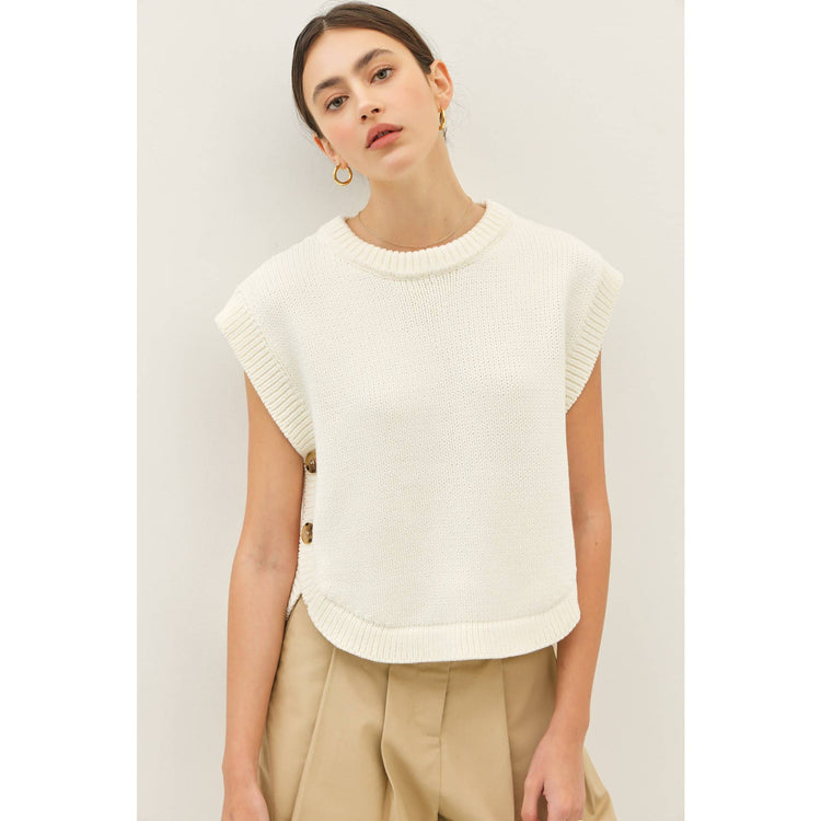 ROUND NECK HI-LO SWEATER VEST WITH SIDE BUTTONS