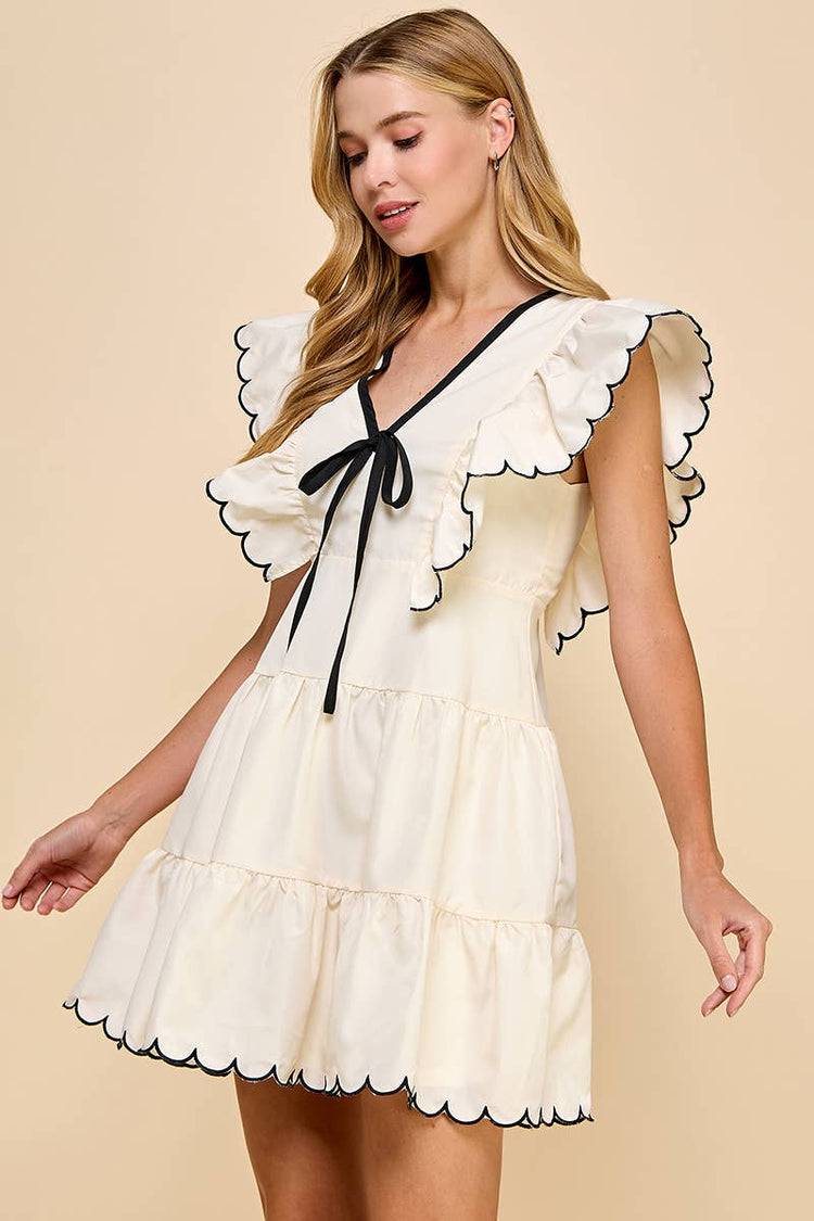 V Neckline Bow Detail Scalloped Dress