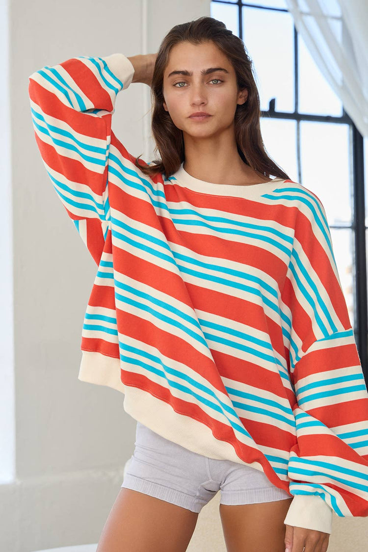 Striped Terry Oversized Sweatshirt Top