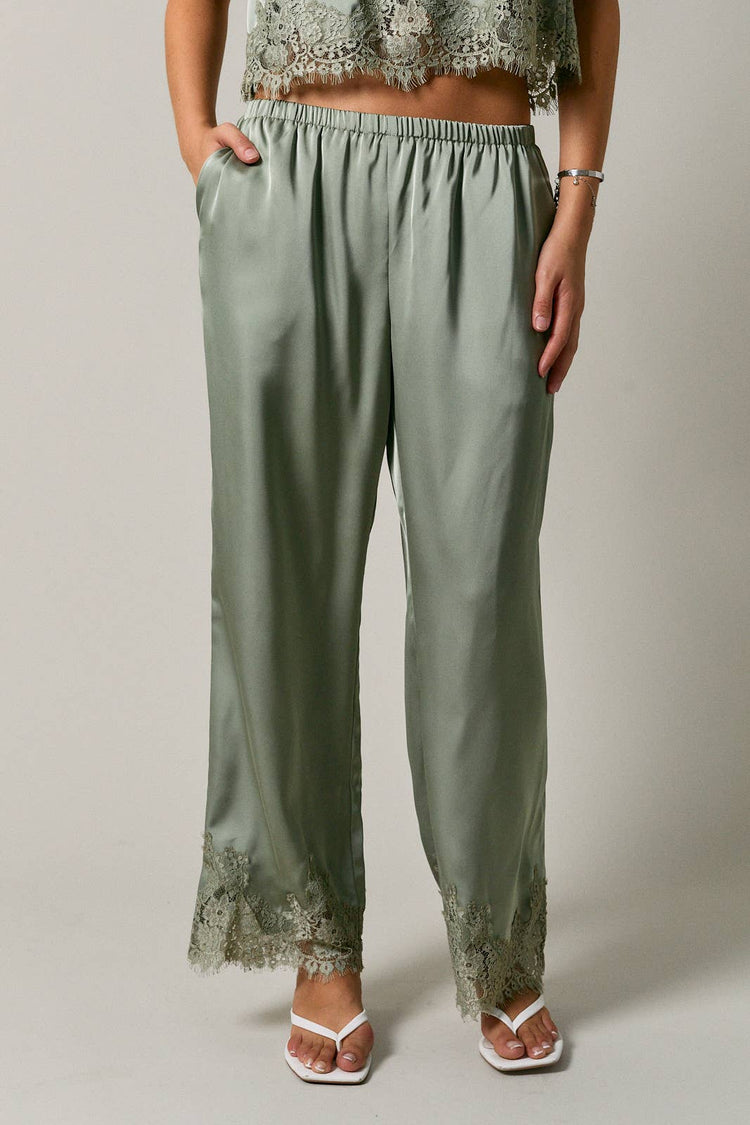 ELASTIC WAIST LACE TRIM WIDE LEG PANTS