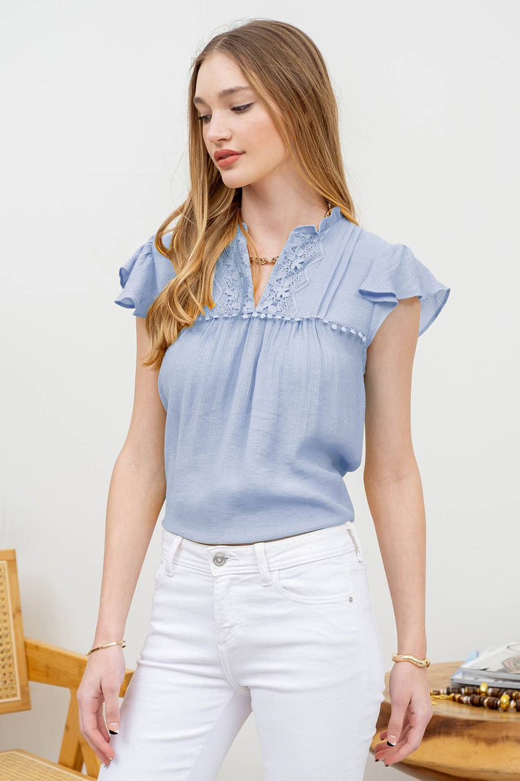LACE TRIM SPLIT NECK RUFFLE SLEEVE BLOUSE