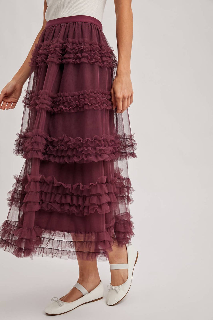 ROMANTIC RUFFLE TIERED TULLE MIDI SKIRT