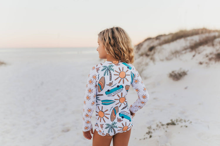 Kids Teal Surf Life Zip Rash Guard One Piece Swimsuit