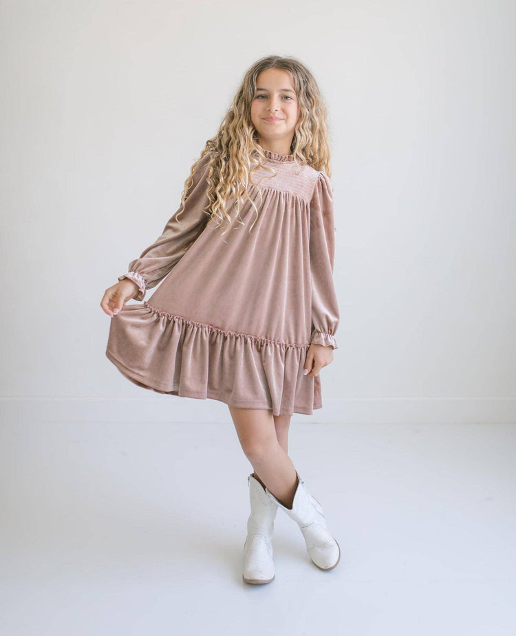 Girls Alexa Champagne Smocked Velvet Fancy Holiday Dress
