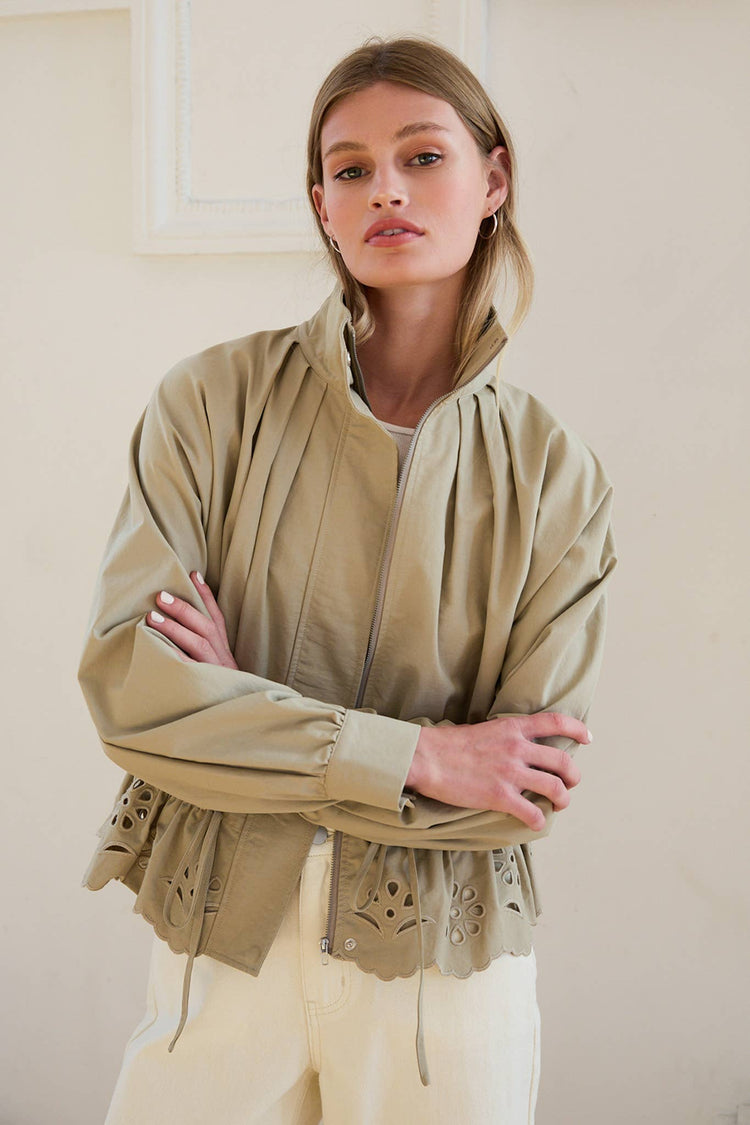 Pleated High-Neck Eyelet Scallop Jacket